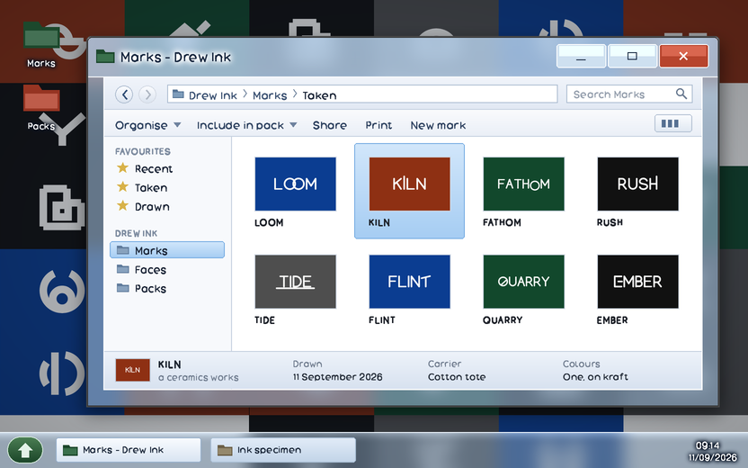 Aero: a window with a glass frame standing over a desktop of marks, the wallpaper blurred and readable through the border and through the caption, the caption tinted blue and lightening downward with its title drawn over a glow, three caption buttons with the close one red, rounded top corners and square bottom ones, and a soft shadow under the whole window. Inside the frame: a location bar carrying a back control and a greyed-out forward one, a breadcrumb path and a search field; a command bar; a navigation pane with one entry highlighted; eight mark cards of which one is selected; and a details pane along the foot showing that mark's own name, carrier and colours. A second sheet of glass runs along the bottom of the screen as a taskbar over the same desktop.