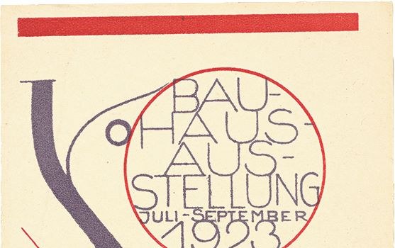 Bauhaus: Oskar Schlemmer's postcard for the 1923 Bauhaus exhibition in Weimar, lettering set inside a circle over rules and a triangle.