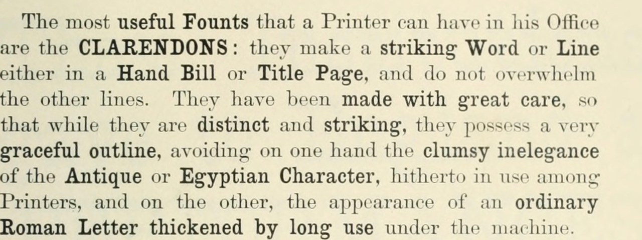 Clarendon: a founder's specimen setting body text in which the emphasised words are Clarendon, its serifs heavy but curving into the stems, beside the lighter roman around them.