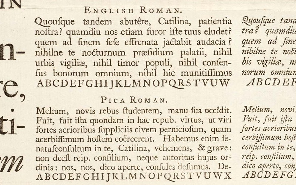 Garalde: the English roman of Caslon's 1734 specimen, an old-style face with a sloped e-bar and bracketed serifs.