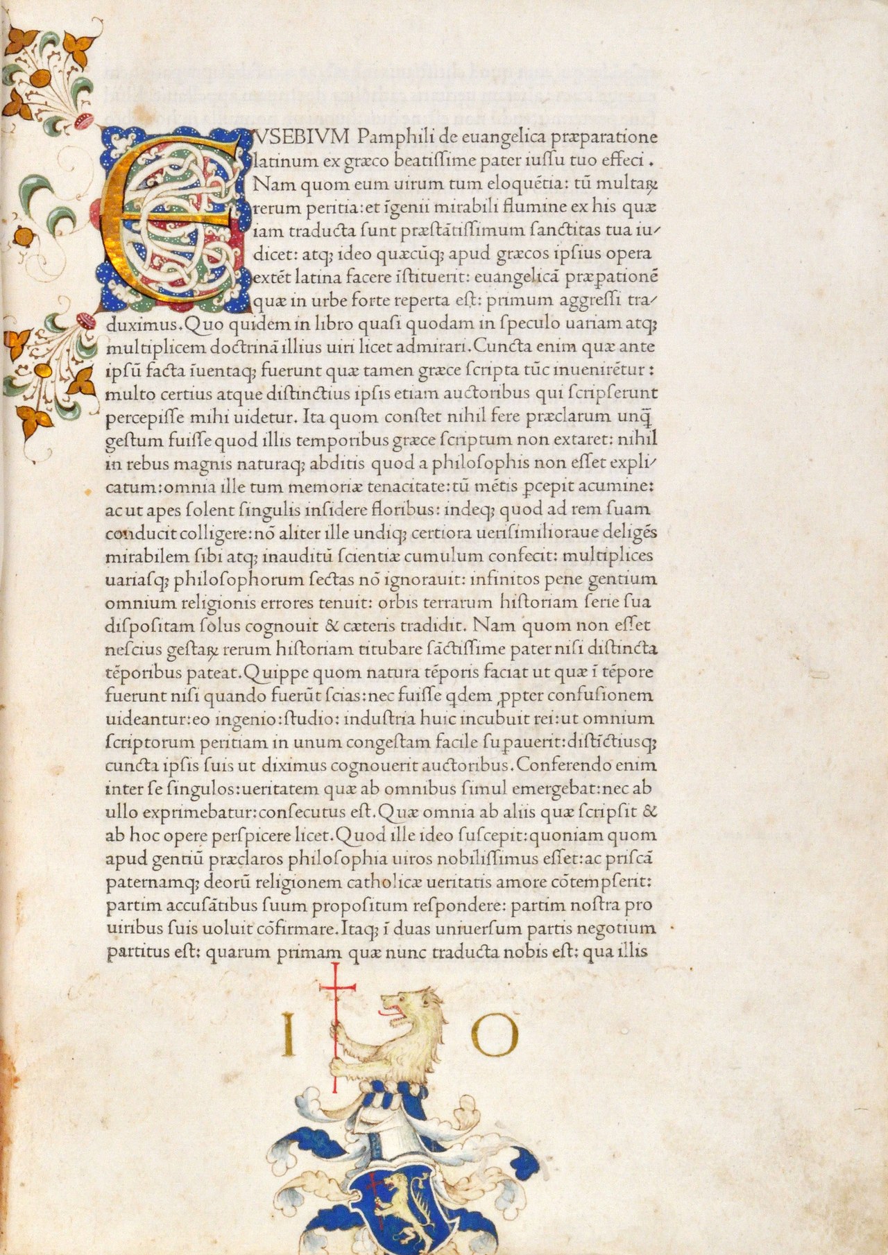 Margin: the first page of Jenson's Eusebius, Venice 1470, the text block set high and toward the spine, with the outer and foot margins the widest, the page's structure and not what was left over.