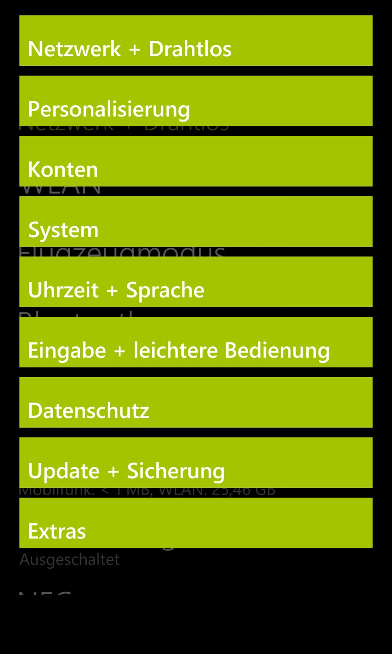 Metro at rest: a Windows Phone settings list caught mid tile-flip, white type on true black with the accent sweeping across it.