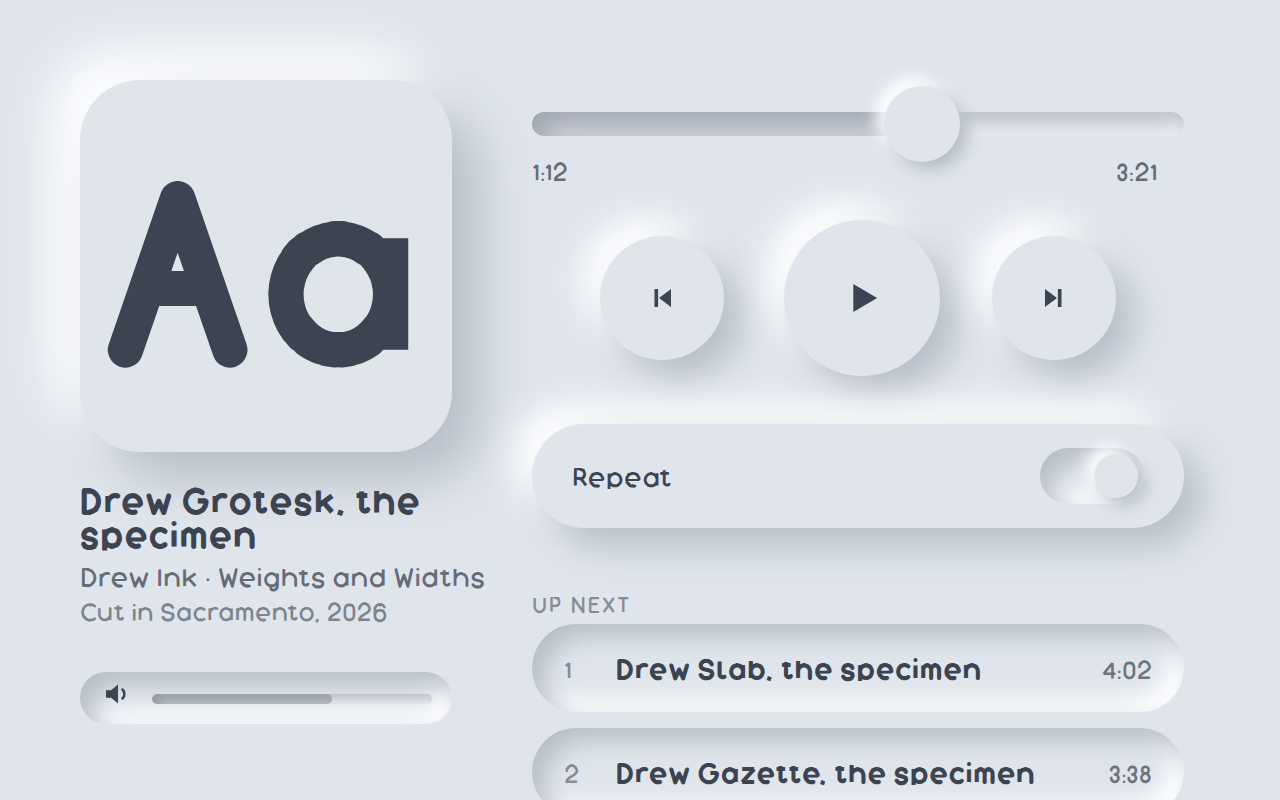 Neumorphism: a player screen in one pale grey, a large album tile and three round transport buttons pushed up out of the ground, a scrubber and a volume pressed into it, a raised Repeat row holding a pressed track with a raised knob switched on, and a queue of two rows the screen cuts at the bottom edge. No edge is drawn anywhere.