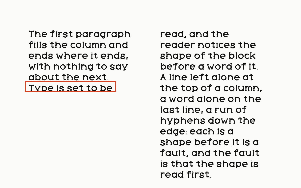 Orphan: a letter in Drew Slab Regular with the orphan marked in vermilion.