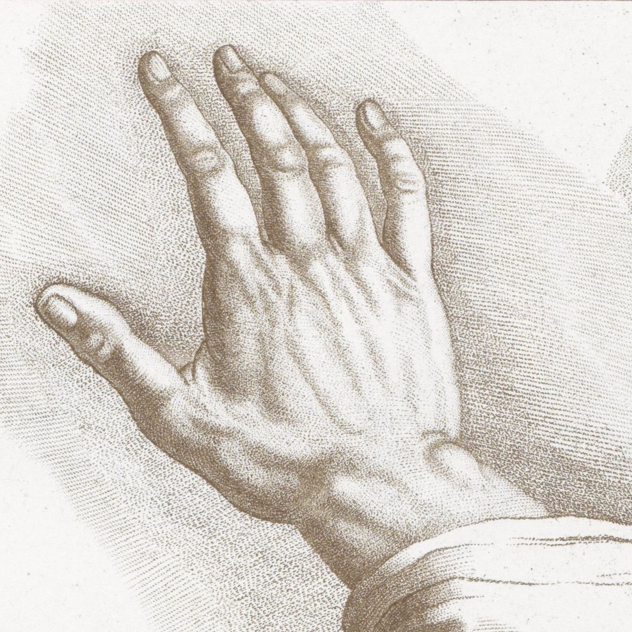 Stippling: a hand from Cipriani's Rudiments of Drawing, engraved in stipple by Bartolozzi in 1796, its whole tone built from dots that crowd where the form turns away.