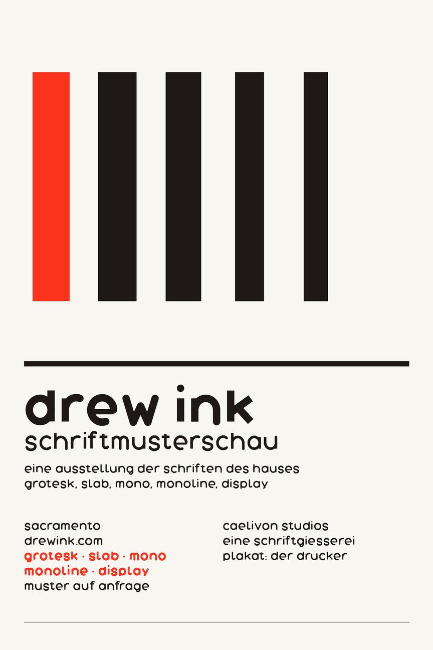 Swiss typography: a poster for the foundry's own type show, set flush left and ragged right in Drew Grotesk on a six-column grid, five bars on the grid each as wide as one house face's stem, a black rule, the faces named in red, and white space left as structure.
