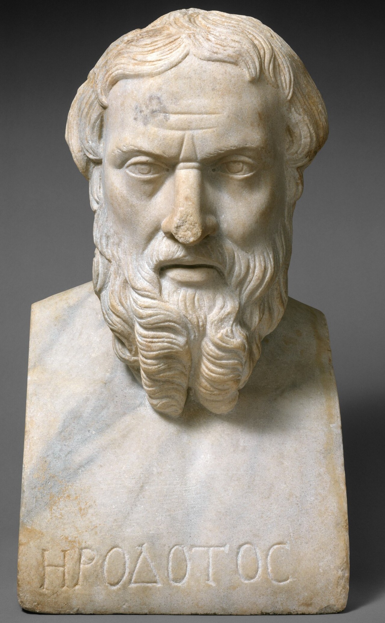 A Roman marble bust of Herodotos, second century AD, the material vaporwave lifts: this is what it is made of, not the style itself.